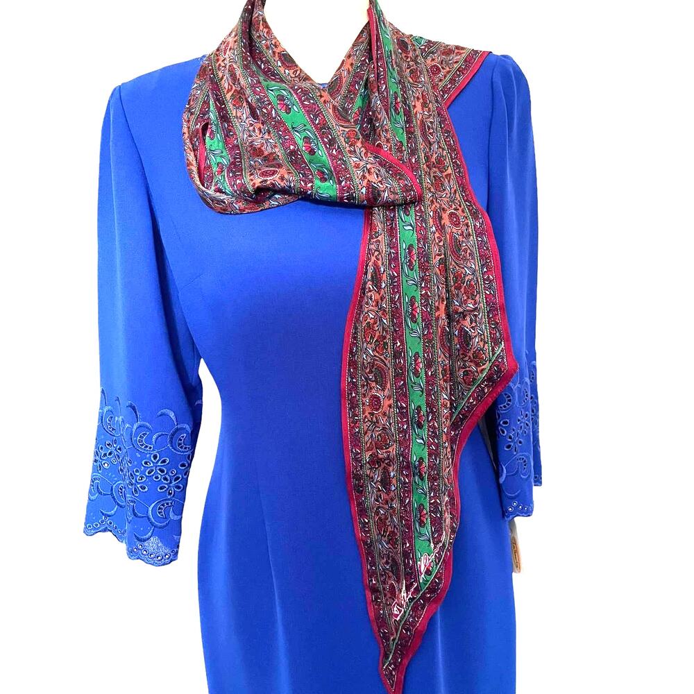 ANNE KLEIN Long Rectangle Scarf 70" x 11" Royal Tones Floral Burgundy Signed